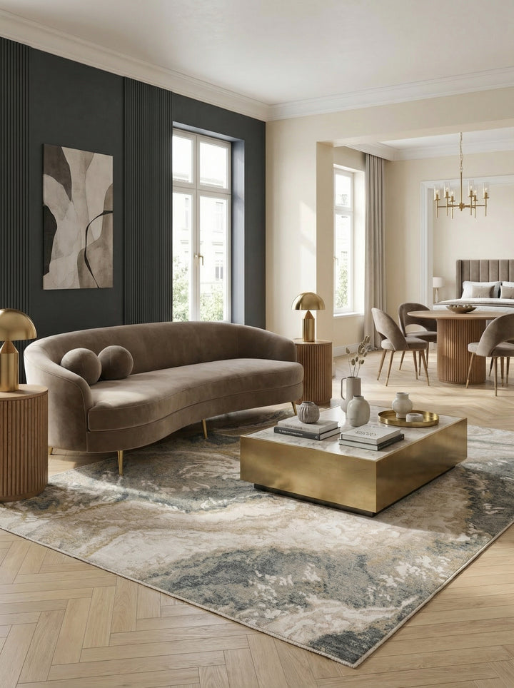 Teppich aus Velours_Abstrakte Marmor-Optik in Naturtönen_Strapazierfähig und Pflegeleicht_SIENA-Elsa_