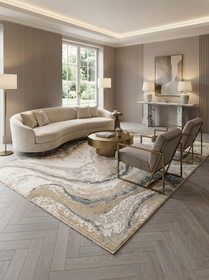 Teppich aus Velours_Abstrakte Marmor-Optik in Naturtönen_Strapazierfähig und Pflegeleicht_SIENA-Elsa_