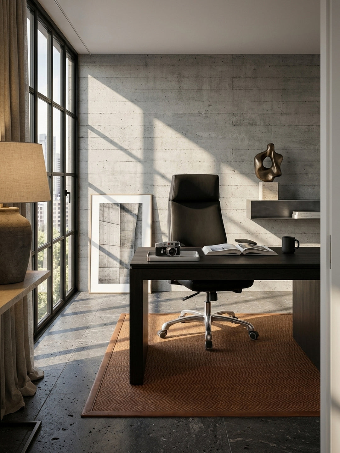Ergonomischer Chefsessel aus schwarzem Echtleder an einem antiken Schreibtisch im luxuriösen Home Office mit dunklem Nussbaumparkett._
