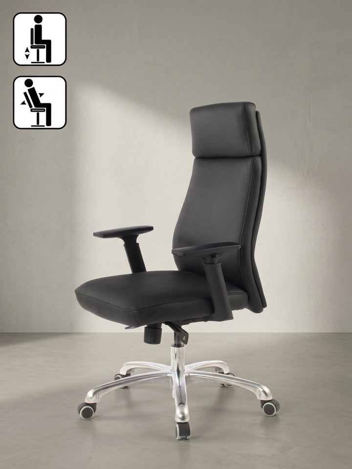 Seitenprofil des schwarzen Leder-Drehstuhls, das die ergonomische S-Form der Lehne für eine optimale Lendenwirbelunterstützung verdeutlicht._