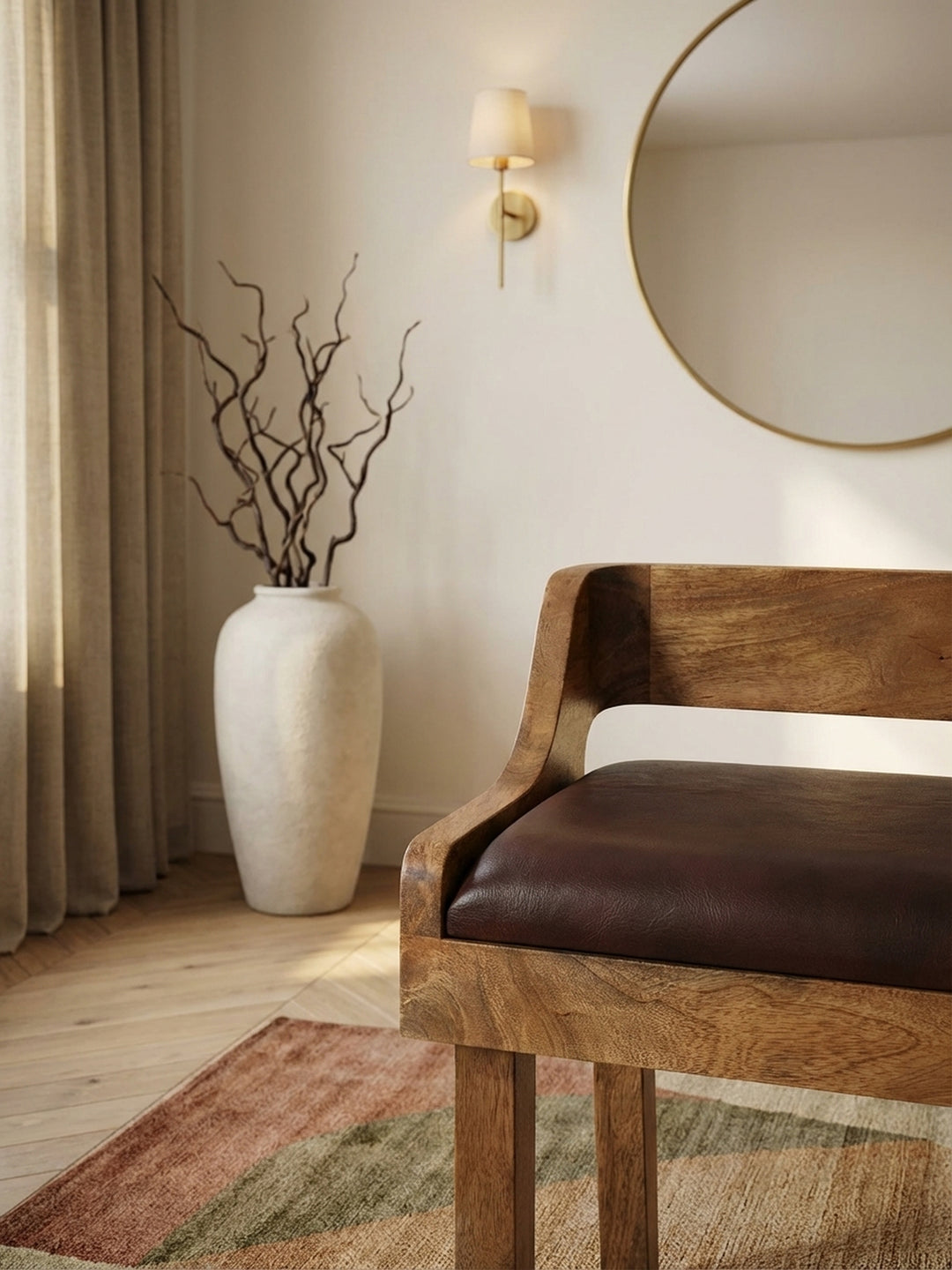 Nahaufnahme der feinen Textur des Echtleder-Sitzpolsters und des massiven Mangoholzes der eleganten Flurbank mit Rückenlehne._