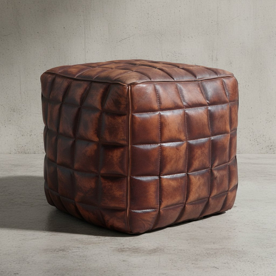 Echtleder Sitzhocker_ abgesteppte Quadrate_ Braun_ Used-Look_ 41x39x39 cm - KADIMA DESIGN_Größe_ 39x39x41 cm_