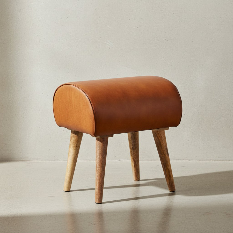 Echtleder Sitzhocker aus Massivholz_ Braun_ 45x53x40 cm_ 120 kg Belastbarkeit - KADIMA DESIGN_Größe_ 45x40x53 cm_