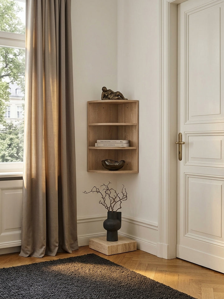Draufsicht auf das freischwebende Wandregal im Eckformat. Die abgerundete Front des 30x30 cm Holzregals fügt sich perfekt in die Raumecke ein und spart Platz im stilvollen Wohnbereich._
