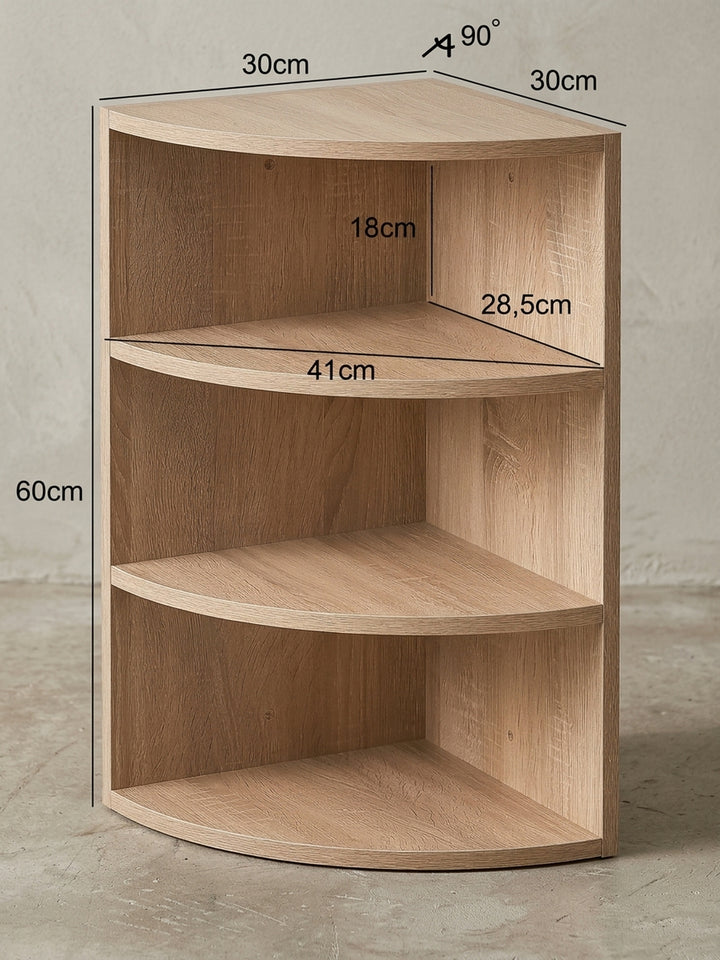 Rückwärtige Detailansicht der im 90-Grad-Winkel montierten Holzelemente des Eckregals. Die saubere Verarbeitung der Kanten am 60 cm hohen Hängeregal sorgt für sicheren Wandabschluss._
