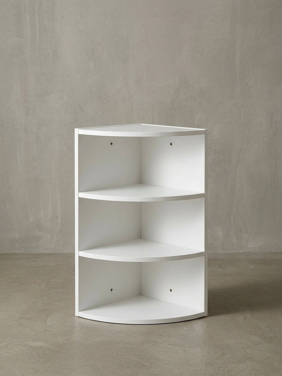 Weißes Eckregal mit 3 Ablagen und detaillierten Maßen. Höhe 60 cm, Schenkelmaß 30x30 cm. Praktisches Hängeregal aus Holz für jede Raumecke._