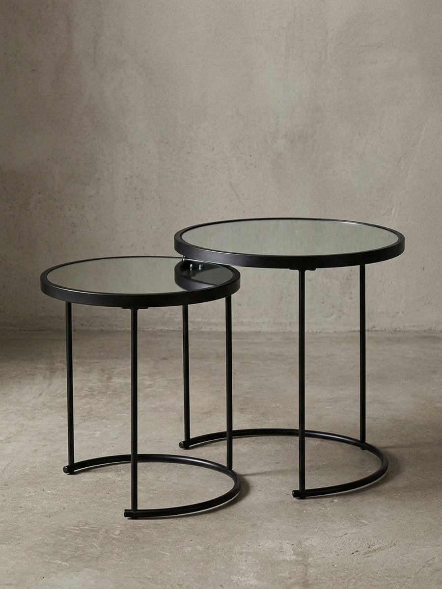 Technische Zeichnung des runden Satztisch-Sets mit genauen Maßangaben: Höhe 50,5/45,5 cm und Durchmesser Ø 50/42 cm für die perfekte Raumplanung._