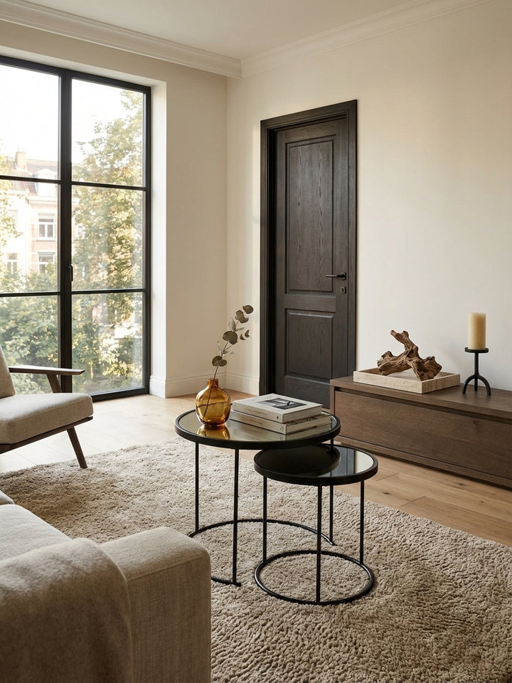 Runder Beistelltisch-Set von oben gesehen, das die verspiegelten Glasplatten und das platzsparende Nesting-Design im Zusammenspiel mit dem Wohnzimmer-Ambiente zeigt._