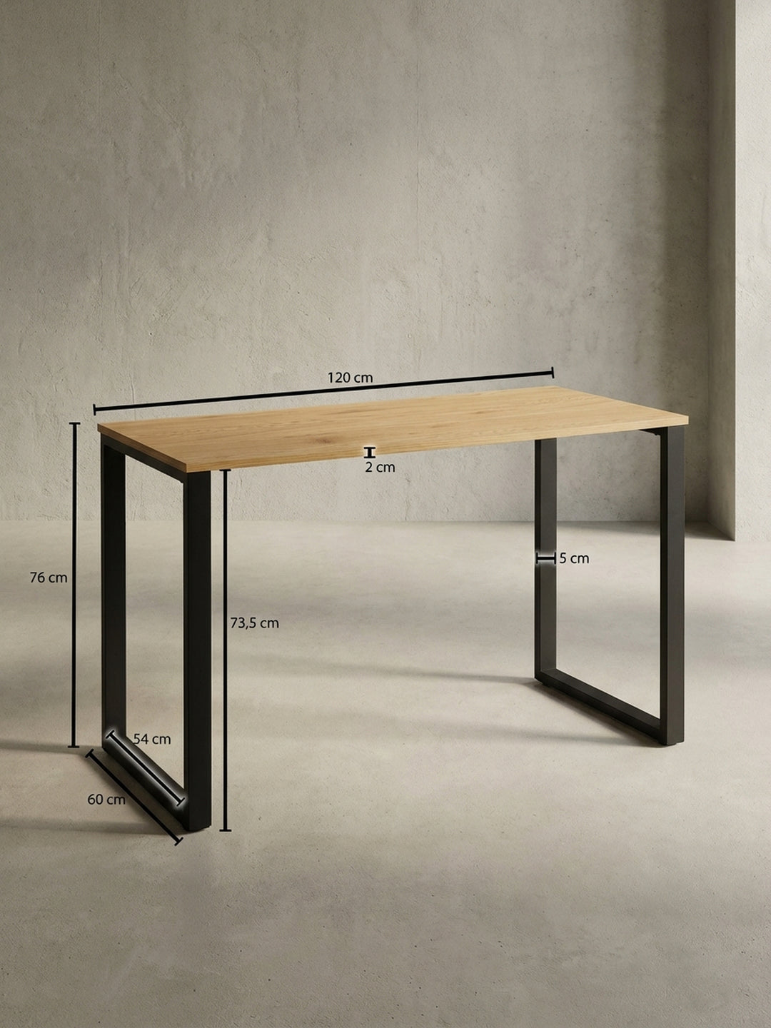 Technische Zeichnung des Schreibtisches mit genauen Maßen: Breite 120 cm, Höhe 76 cm, Tiefe 60 cm, für die perfekte Raumplanung._