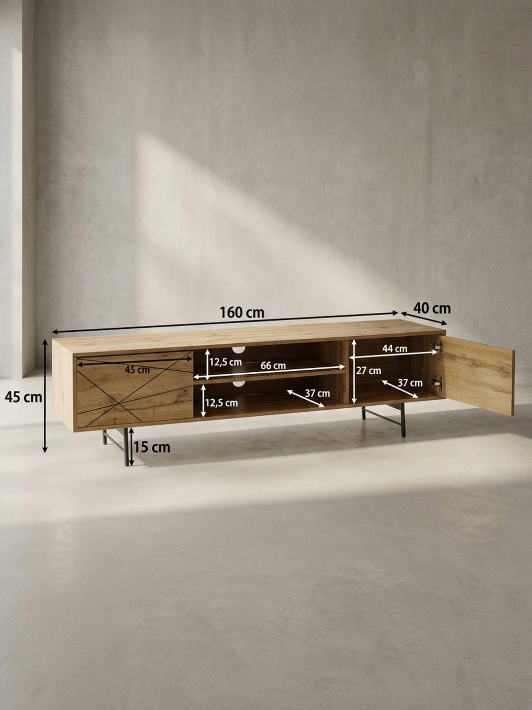 Technische Zeichnung des Lowboards mit exakten Maßen: Breite 160 cm, Höhe 45 cm, Tiefe 40 cm, inklusive Innenabmessungen der Fächer._