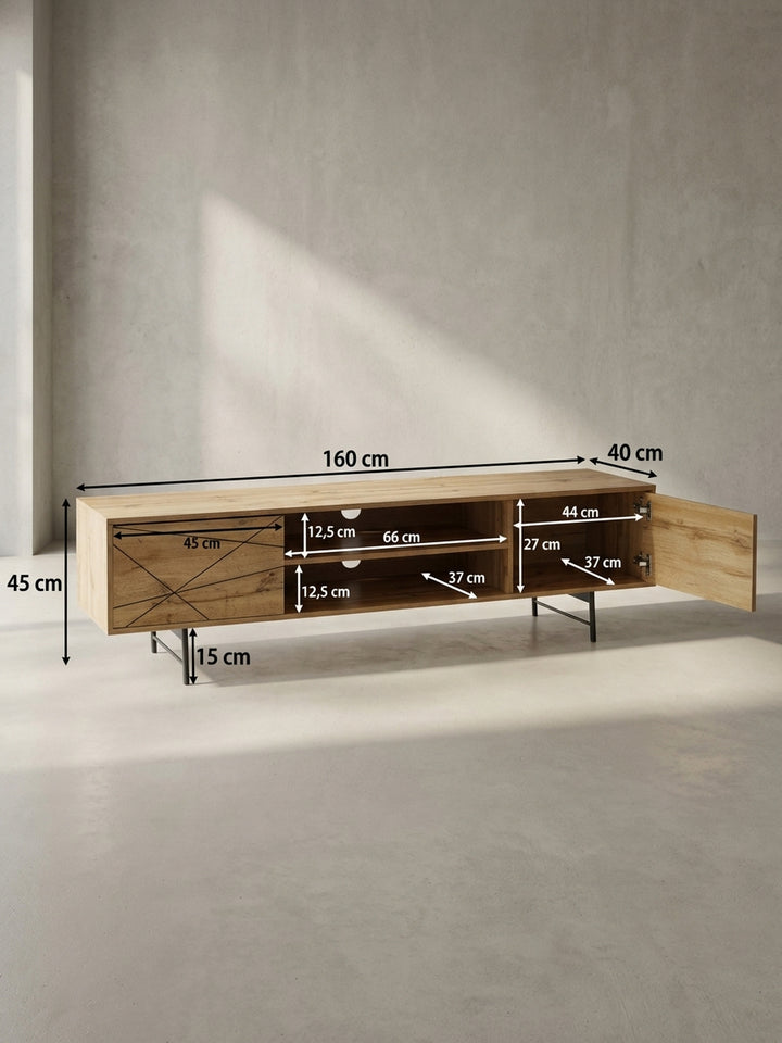 Technische Zeichnung des Lowboards mit exakten Maßen: Breite 160 cm, Höhe 45 cm, Tiefe 40 cm, inklusive Innenabmessungen der Fächer._