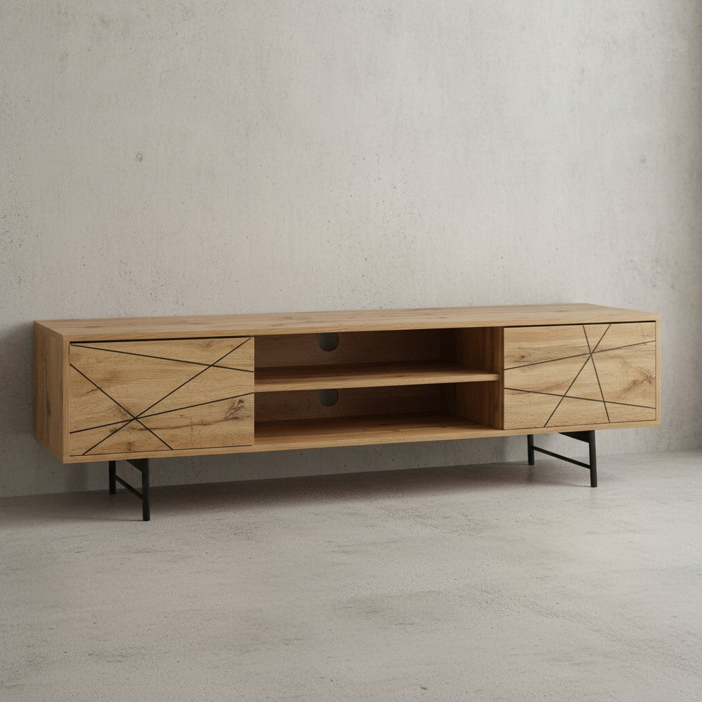 Eiche TV-Unterschrank_ Modernes Linienmuster_ 160cm Breit_ Robuste Materialien - KADIMA DESIGN_Größe_ 160x40x45 cm_