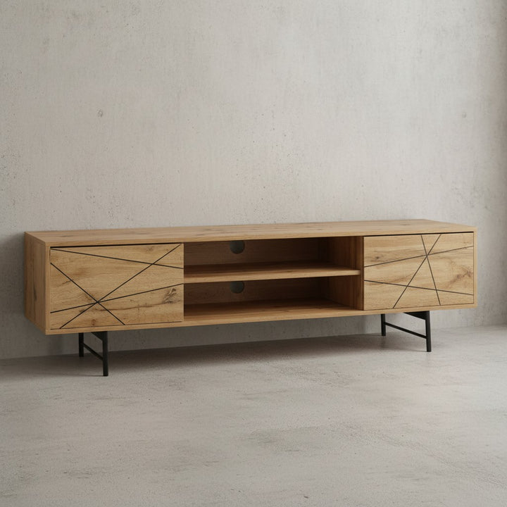 Eiche TV-Unterschrank_ Modernes Linienmuster_ 160cm Breit_ Robuste Materialien - KADIMA DESIGN_Größe_ 160x40x45 cm_