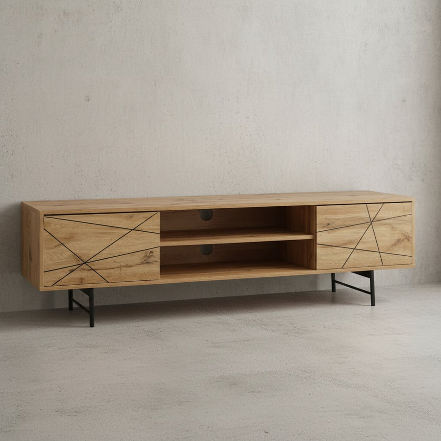 Eiche TV-Unterschrank_ Modernes Linienmuster_ 160cm Breit_ Robuste Materialien - KADIMA DESIGN_Größe_ 160x40x45 cm_