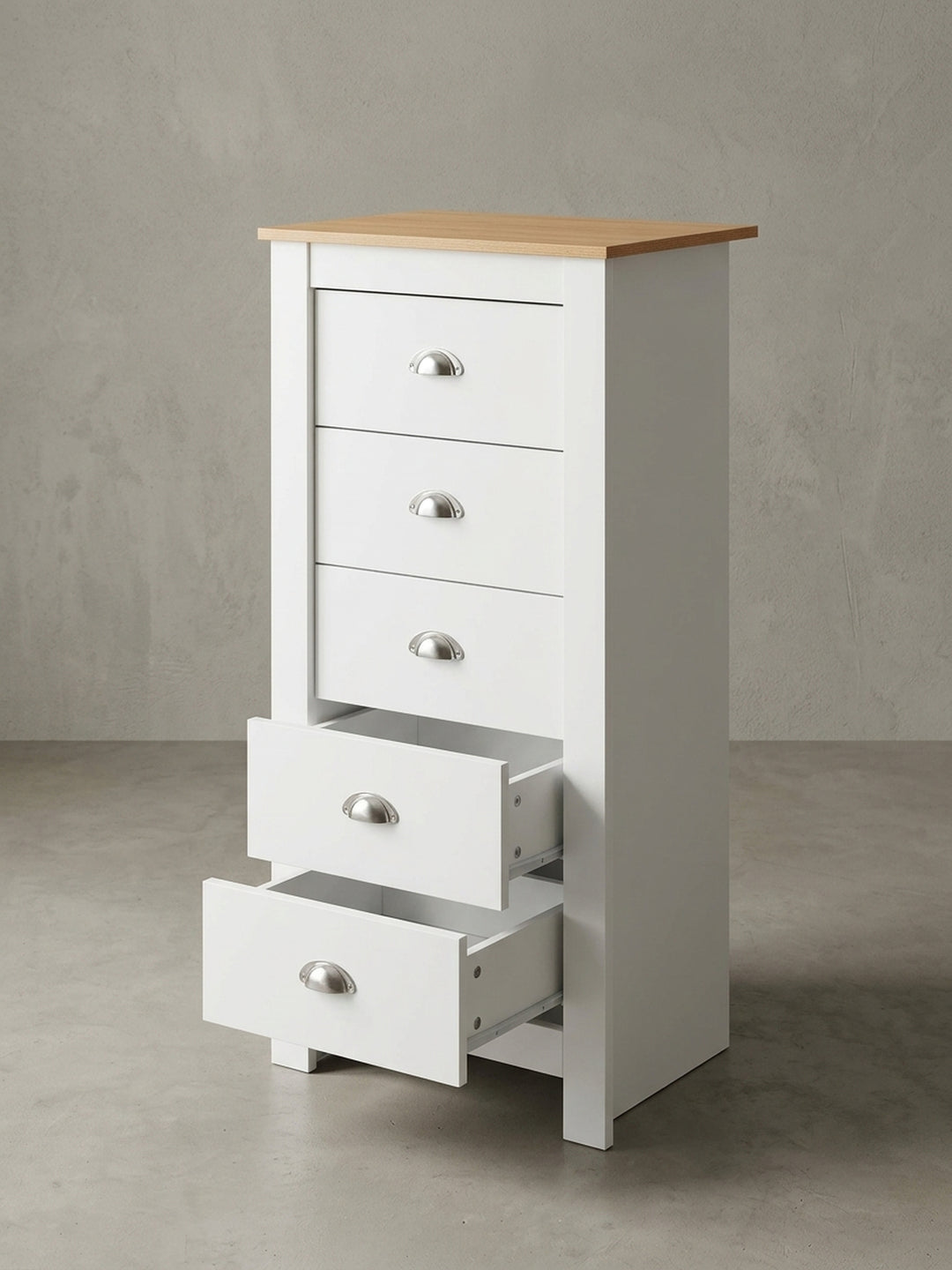 Eine alternative Perspektive auf die Kommode mit 5 Schubladen, die den praktischen Stauraum und das moderne Design betont._