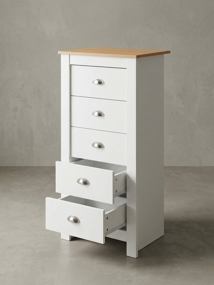 Eine alternative Perspektive auf die Kommode mit 5 Schubladen, die den praktischen Stauraum und das moderne Design betont._