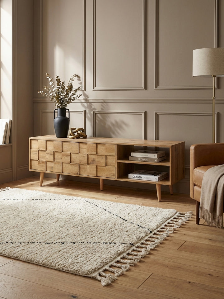 Modernes Lowboard im Eiche-Dekor, 160 cm breit, in einem hellen Wohnzimmer mit TV und einem beigen Teppich. Der Fernsehschrank hat eine strukturierte Front._