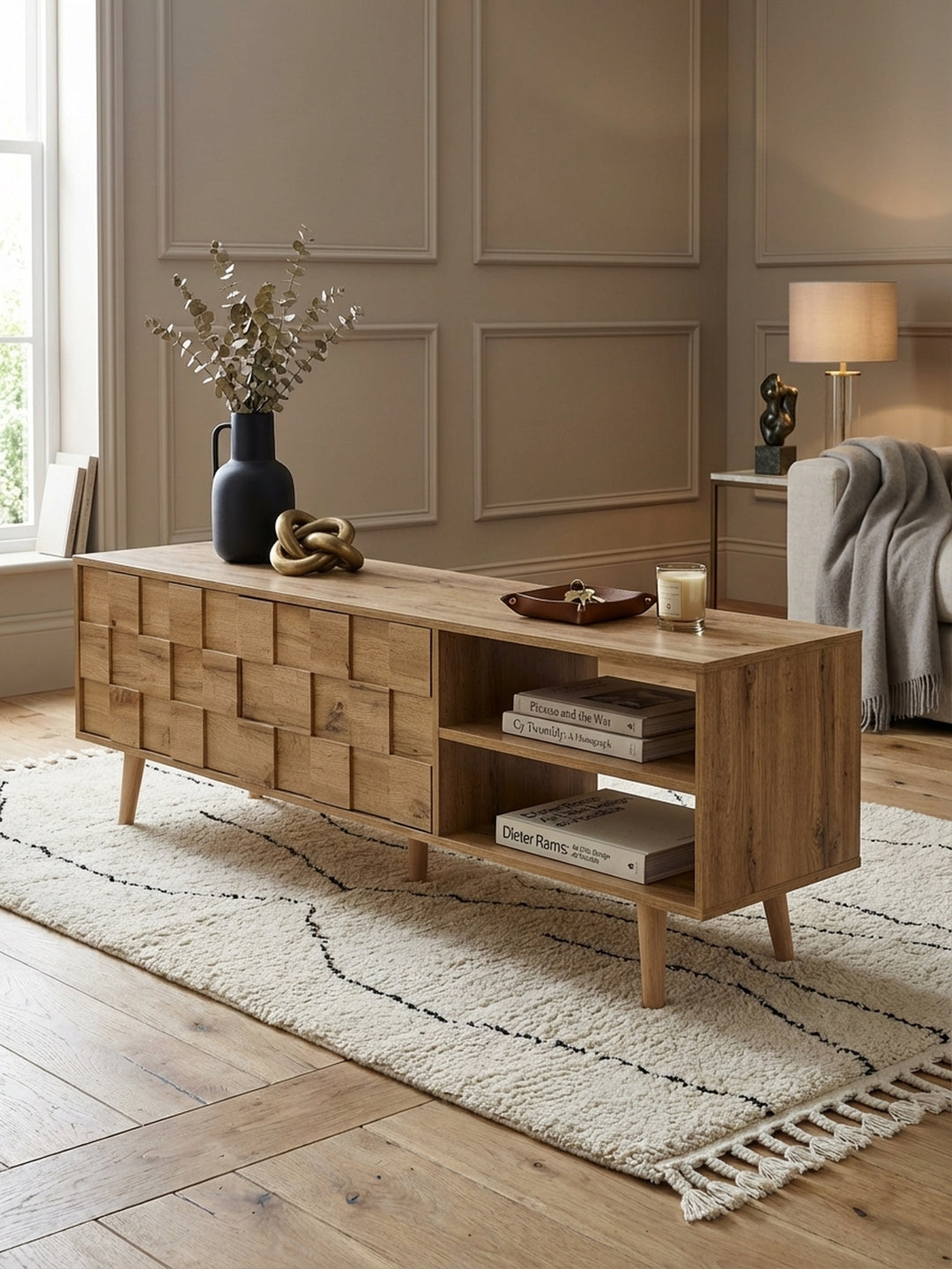Draufsicht auf den TV-Schrank aus Eichenholz in einem Wohnzimmer, zeigt die großzügige Ablagefläche von 160x40 cm und die Anordnung im Raum._