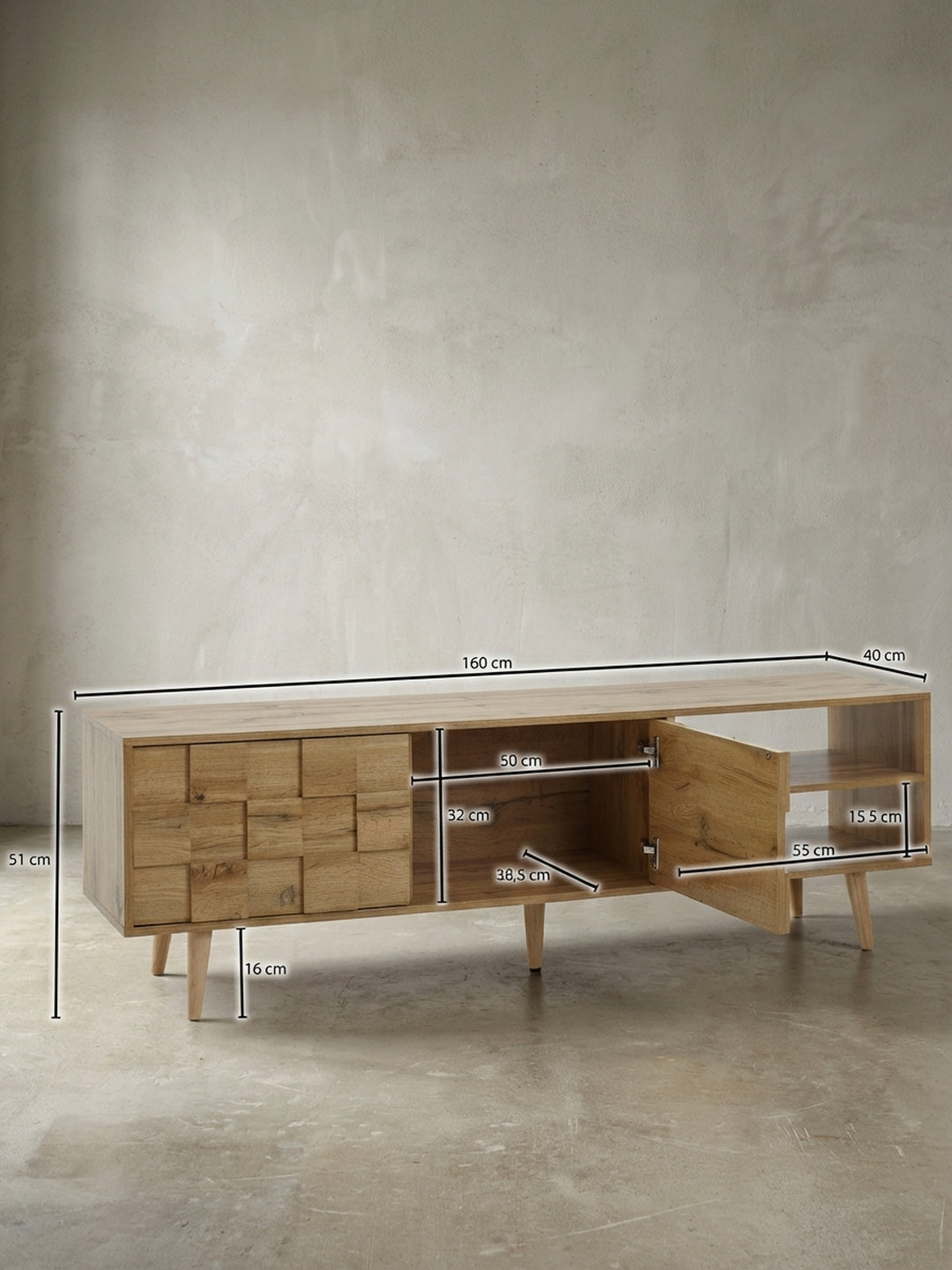 Technisches Bild des TV-Lowboards mit exakten Maßen: Breite 160 cm, Höhe 51 cm, Tiefe 40 cm, für die perfekte Planung im Wohnzimmer._