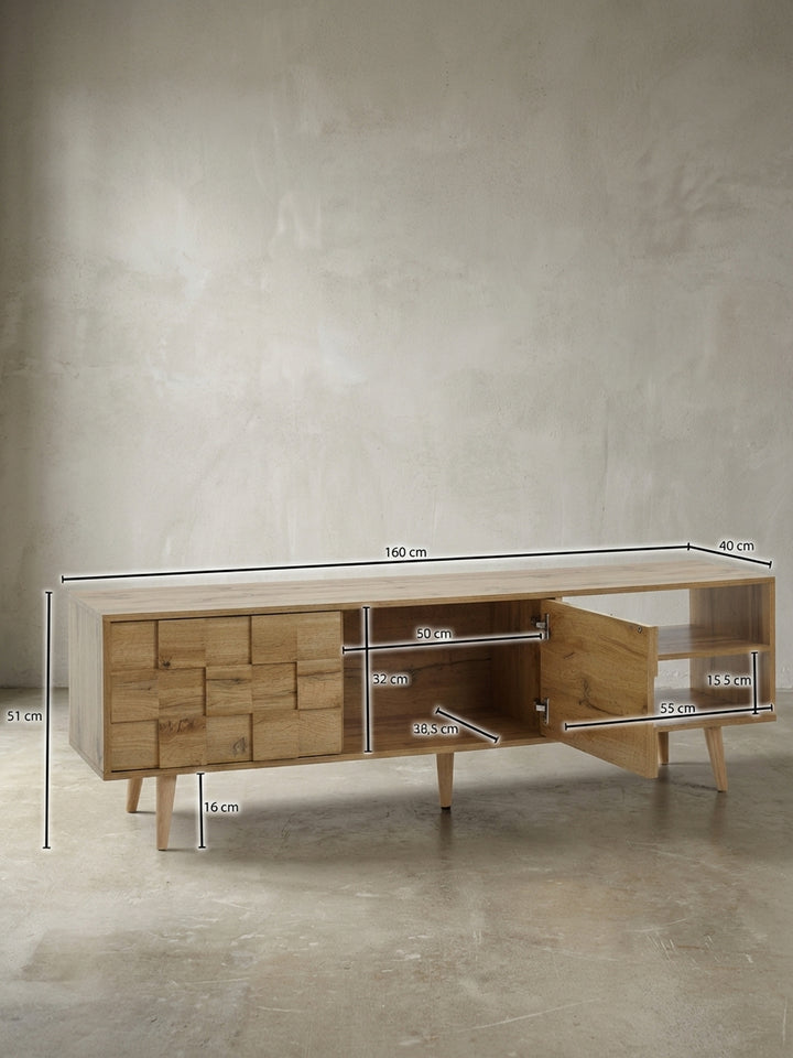 Technisches Bild des TV-Lowboards mit exakten Maßen: Breite 160 cm, Höhe 51 cm, Tiefe 40 cm, für die perfekte Planung im Wohnzimmer._