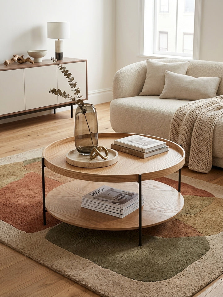 Runder Design Couchtisch 78x40 cm von oben fotografiert, zeigt die großzügigen Ablageflächen für Bücher und Dekoration im Wohnzimmer._