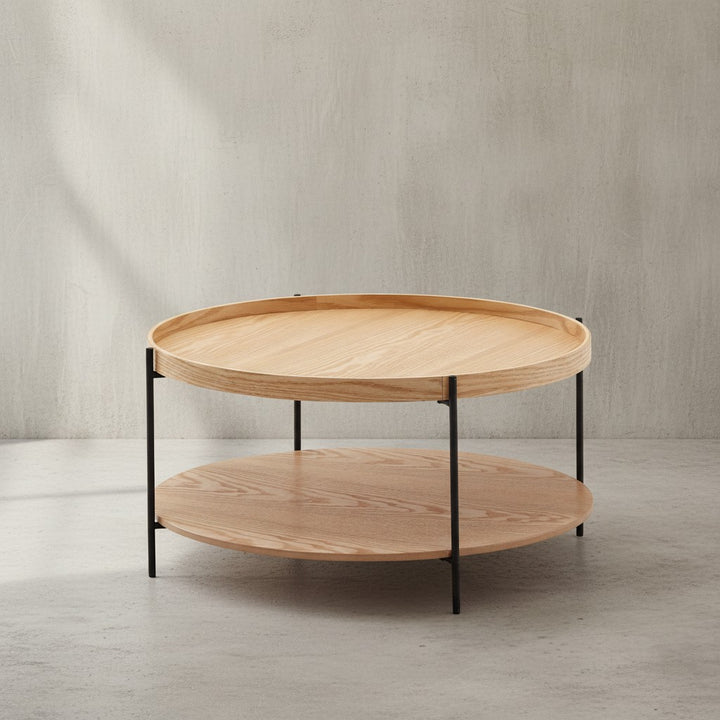 Eichenfurnier Couchtisch mit Stauraum_ Metallgestell_ Erhöhter Rand - KADIMA DESIGN_Größe_ 78x78x40 cm_