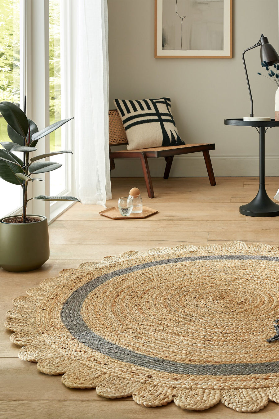 Einzigartiger handgearbeiteter Jute-Teppich_Braun-Grau_Rund_