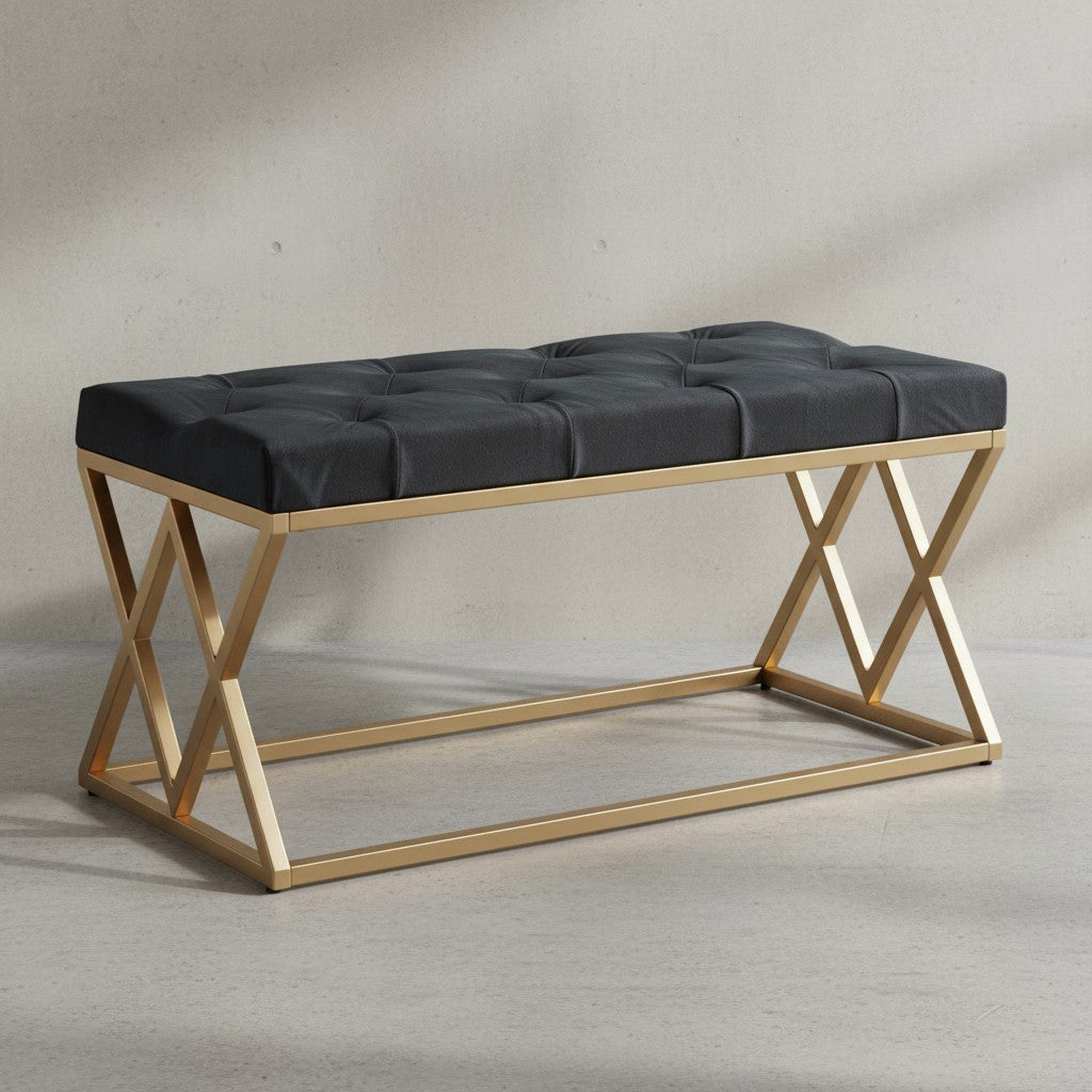 Elegante Samt Polsterbank_ Chesterfieldmuster_ goldenes Metallgestell_ 90 cm Breite_ kompakt und vielseitig - KADIMA DESIGN_Größe_ 90x44x46 cm_