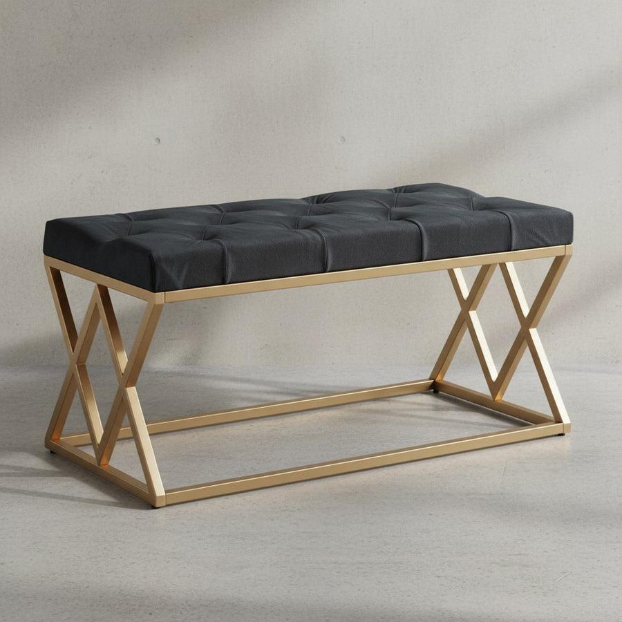 Elegante Samt Polsterbank_ Chesterfieldmuster_ goldenes Metallgestell_ 90 cm Breite_ kompakt und vielseitig - KADIMA DESIGN_Größe_ 90x44x46 cm_