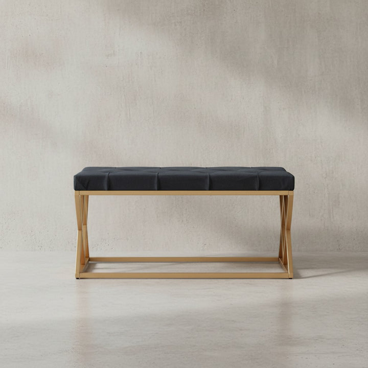 Elegante Samt Polsterbank_ Chesterfieldmuster_ goldenes Metallgestell_ 90 cm Breite_ kompakt und vielseitig - KADIMA DESIGN_Größe_ 90x44x46 cm_