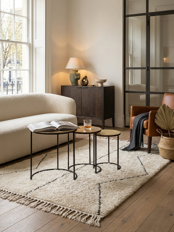 Modernes Wohnzimmer mit einem 3er Set Beistelltische in Gold und Schwarz, elegant arrangiert auf einem hellen Teppich vor einem beigen Sofa._