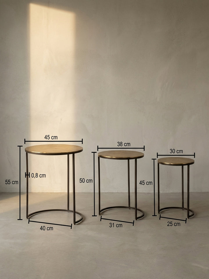 Technisches Maßbild des 3er-Set Beistelltisches mit exakten Höhen- und Breitenangaben: 55cm, 50cm und 45cm für die perfekte Raumplanung._