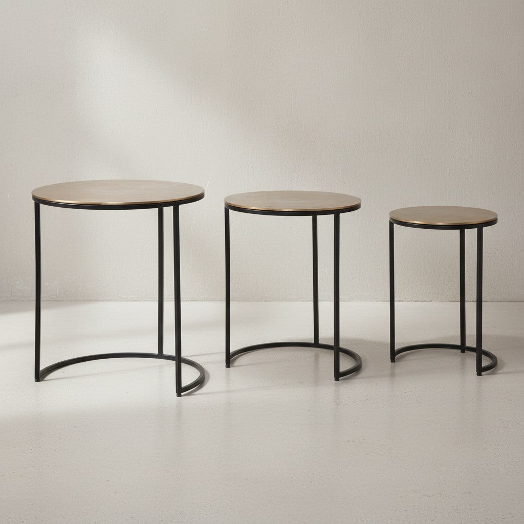Eleganter Satztisch Metall Rund_ 3er Set_ Aluminium Gold/Schwarz - KADIMA DESIGN_Größe_ 45x45x55 cm_