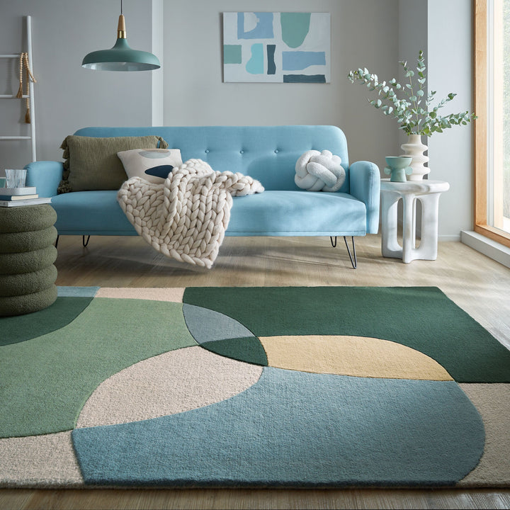 Eleganter Wohnzimmer-Teppich aus 100% Wolle_Grün-Blau_Rechteckig_