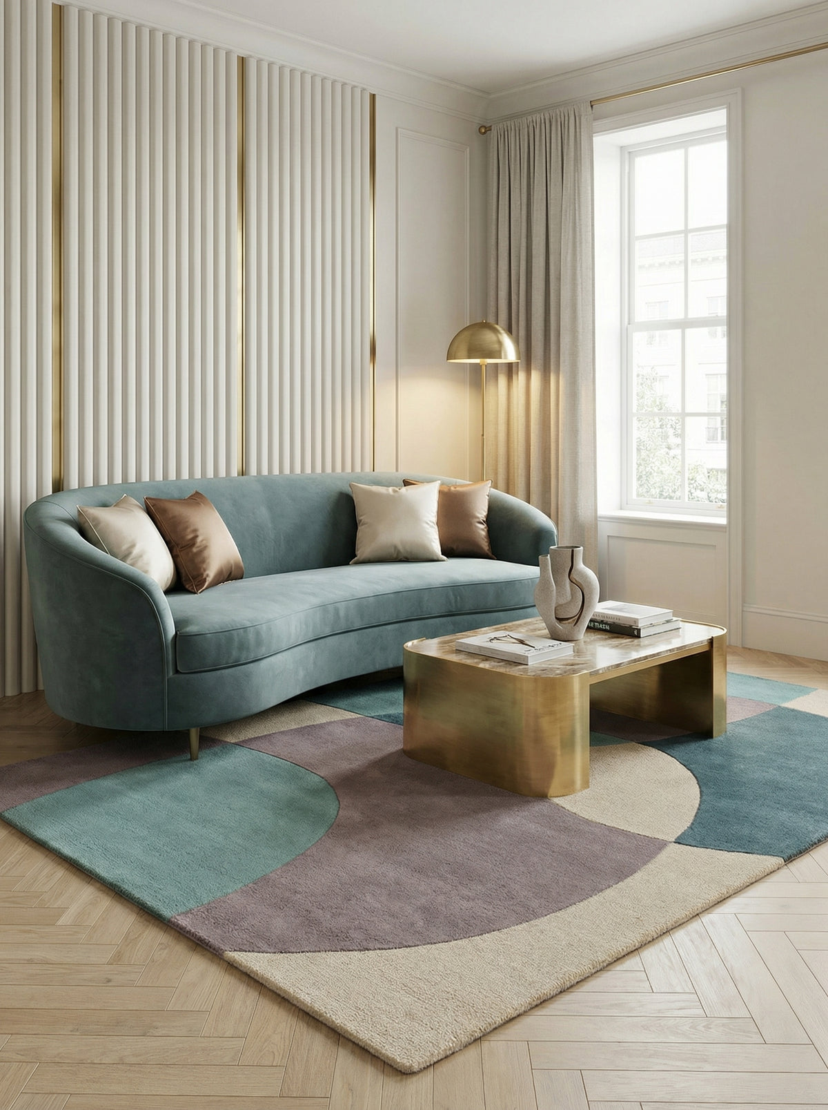 Eleganter Wohnzimmer-Teppich aus 100% Wolle_Türkis-Beige_Rechteckig_