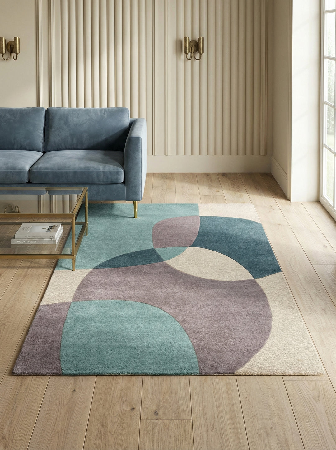 Eleganter Wohnzimmer-Teppich aus 100% Wolle_Türkis-Beige_Rechteckig_