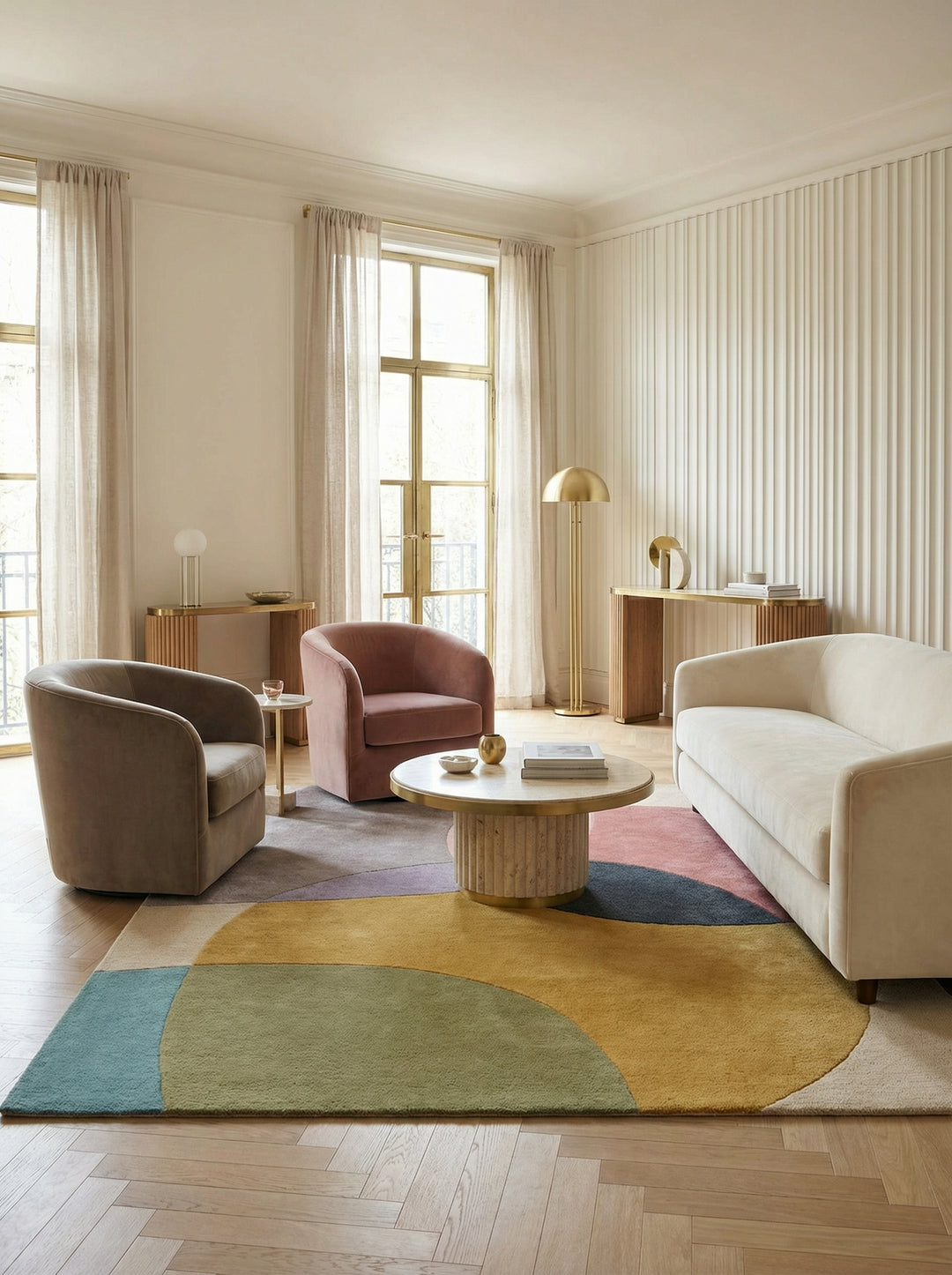 Abstrakter, handgetufteter Teppich aus Wolle mit verschiedenen bunten Flächen_