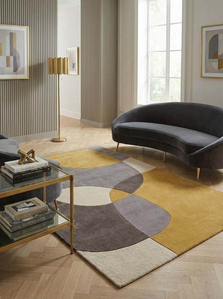 Draufsicht und Detailaufnahme eines Wollteppichs mit großflächigen abstrakten Kreisen in Ocker Grau und Taupe_