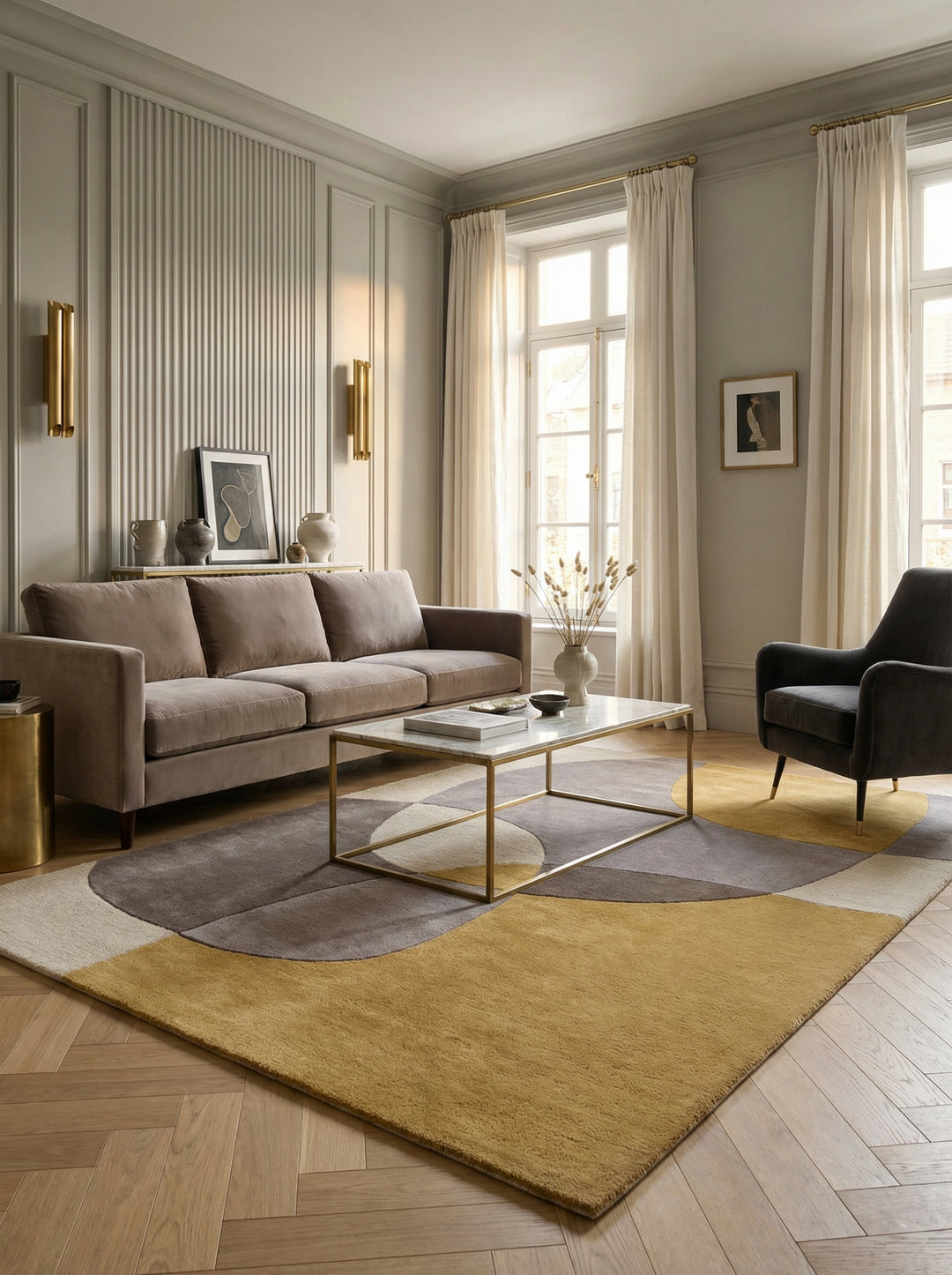 Draufsicht und Detailaufnahme eines Wollteppichs mit großflächigen abstrakten Kreisen in Ocker Grau und Taupe_