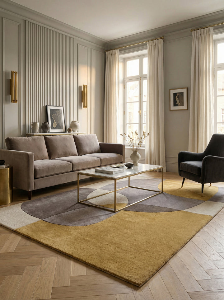 Draufsicht und Detailaufnahme eines Wollteppichs mit großflächigen abstrakten Kreisen in Ocker Grau und Taupe_