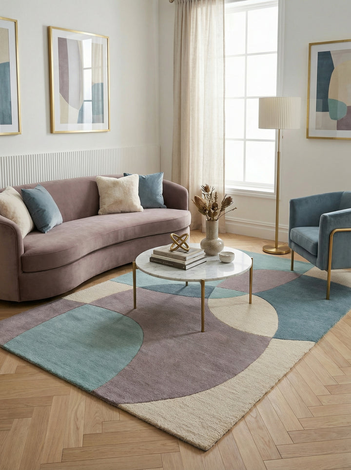 Eleganter Wohnzimmer-Teppich aus 100% Wolle_Türkis-Beige_Rechteckig_