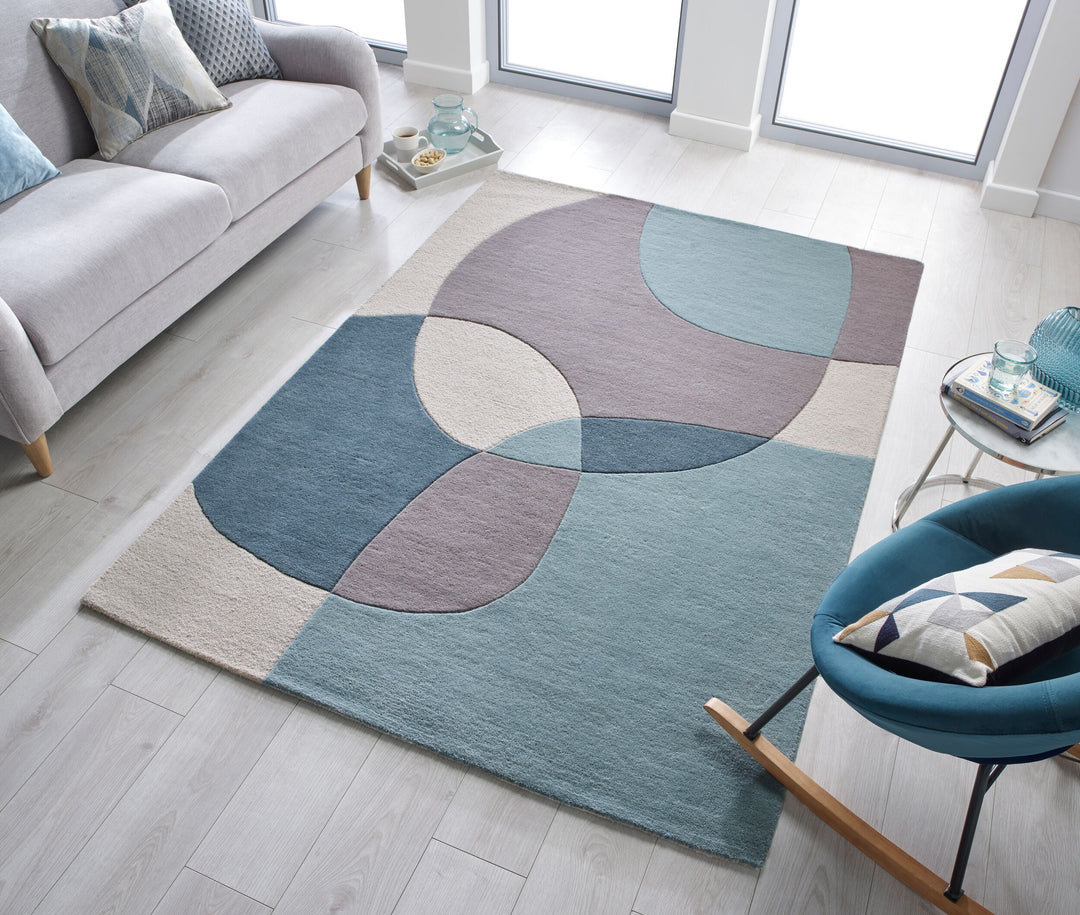 Eleganter Wohnzimmer-Teppich aus 100% Wolle_Türkis-Beige_Rechteckig_