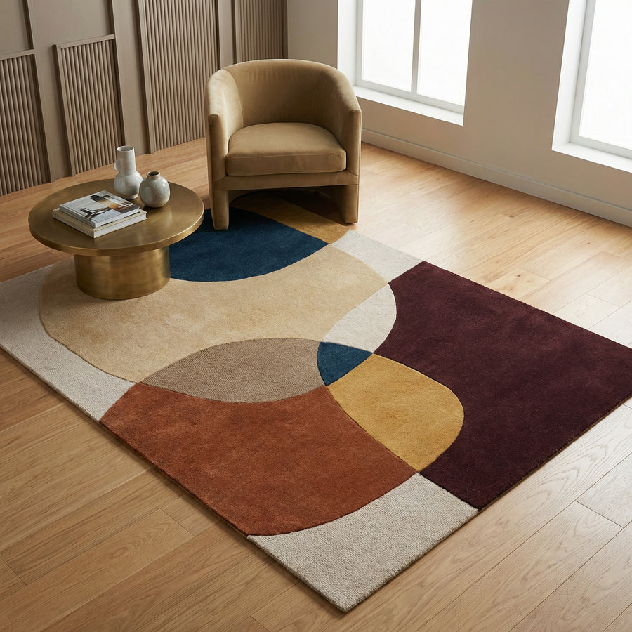 Ein moderner Teppich mit großen, bunten Kreisen und Formen liegt auf einem hellen Holzboden_