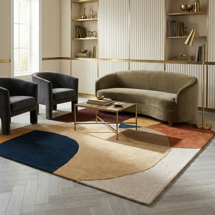 Ein moderner Teppich mit großen, bunten Kreisen und Formen liegt auf einem hellen Holzboden_