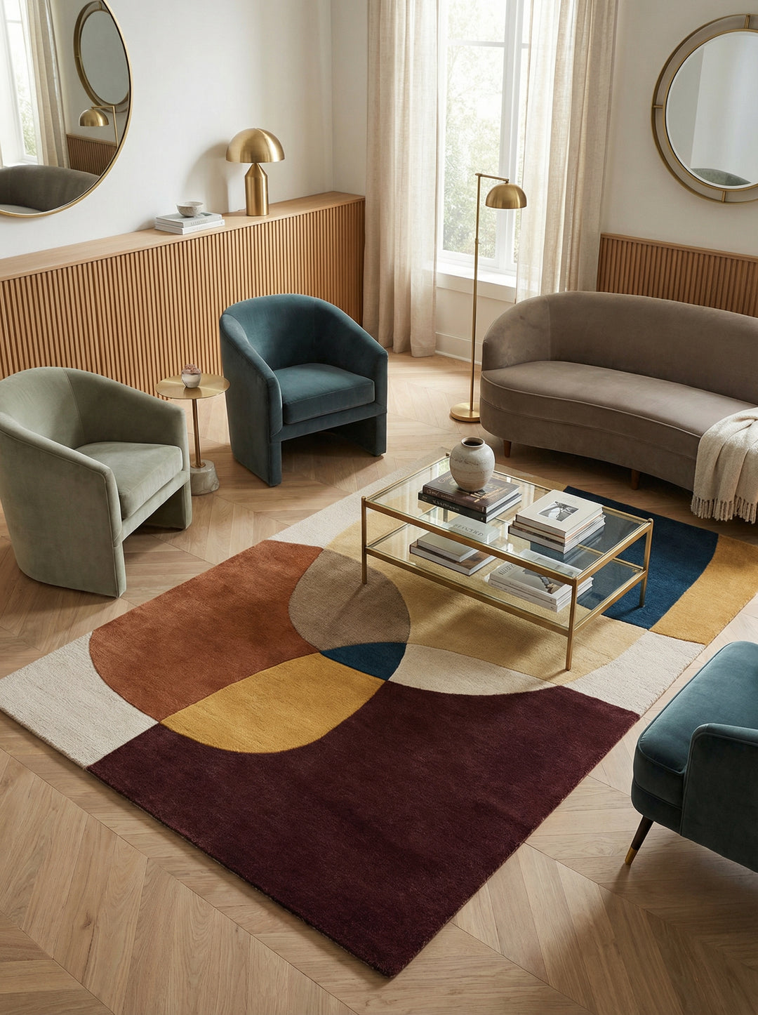 Ein moderner Teppich mit großen, bunten Kreisen und Formen liegt auf einem hellen Holzboden_