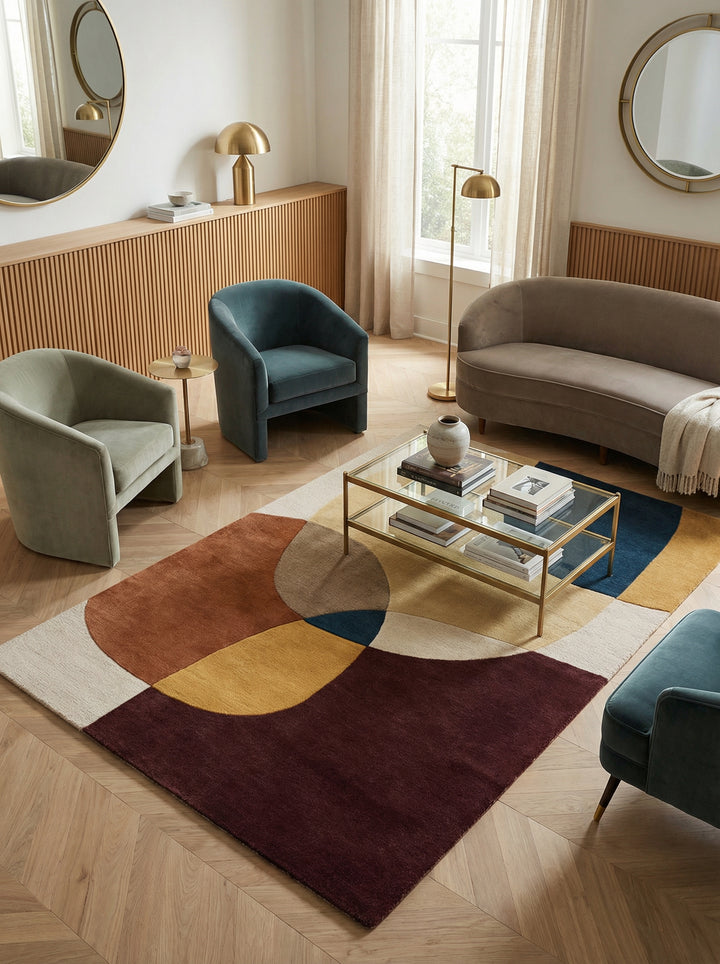 Ein moderner Teppich mit großen, bunten Kreisen und Formen liegt auf einem hellen Holzboden_