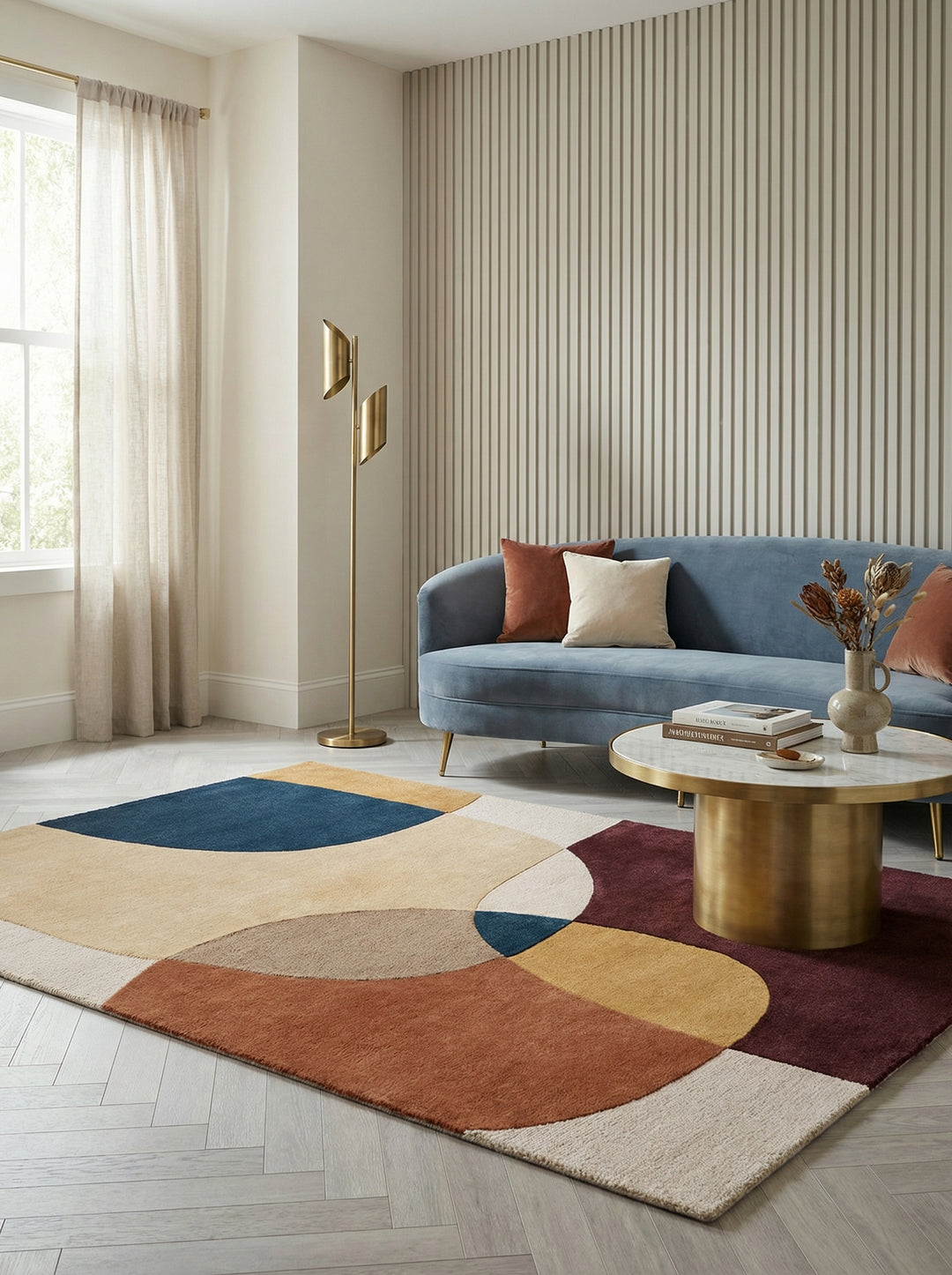 Ein moderner Teppich mit großen, bunten Kreisen und Formen liegt auf einem hellen Holzboden_