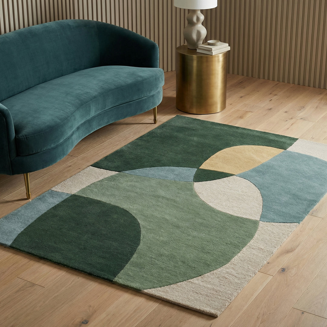 Draufsicht und Detailaufnahme eines abstrakten Wollteppichs mit grünen und blauen Formen auf beigem Grund_
