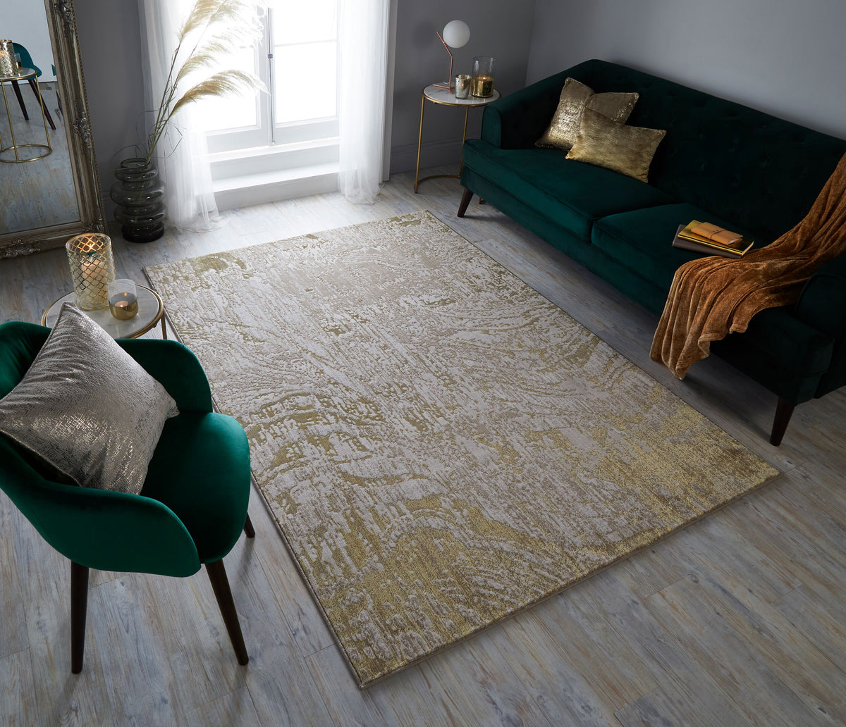 Eleganter Wohnzimmer Teppich mit metallischen Farben_Gold_Rechteckig_