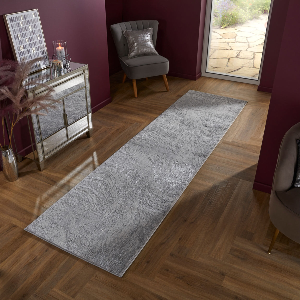 Eleganter Wohnzimmer Teppich mit metallischen Farben_Silber_Läufer_
